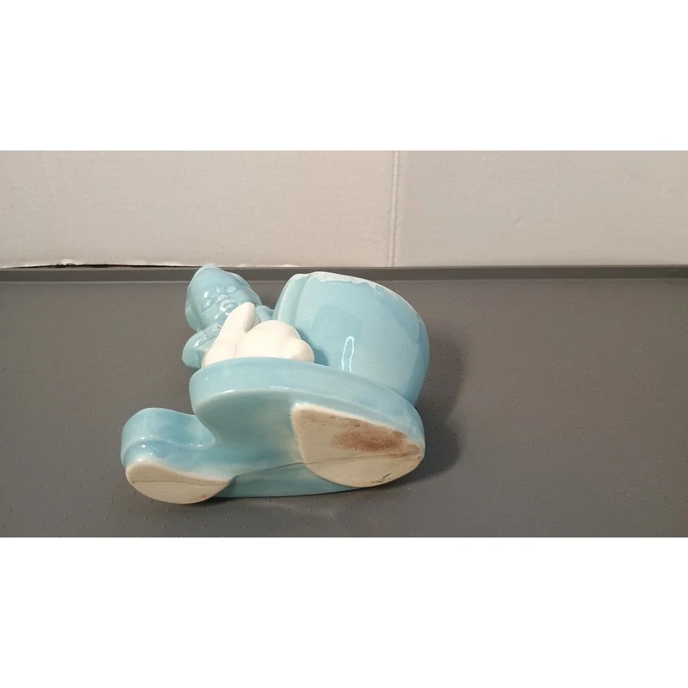 Vintage Ceramic Boy with Bunny Planter Nursery Blue White Excellent Mid Century